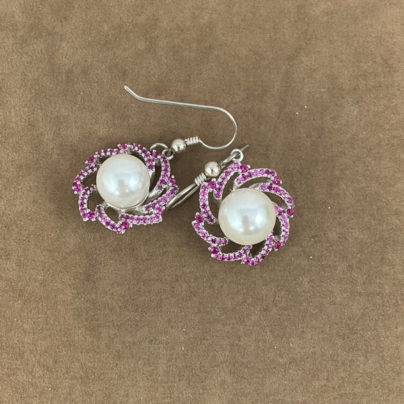 10MM Natural Fresh Water Pearls with Halo Set Rubies set in 925 Silver Earrings - Picture 3 of 5